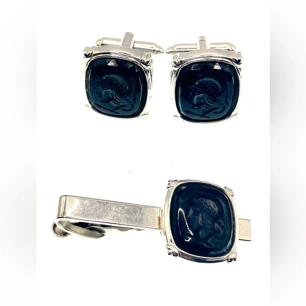 Vintage Silver Tone Black Intaglio Roman Soldier Warrior Cufflinks Tie Clip Set